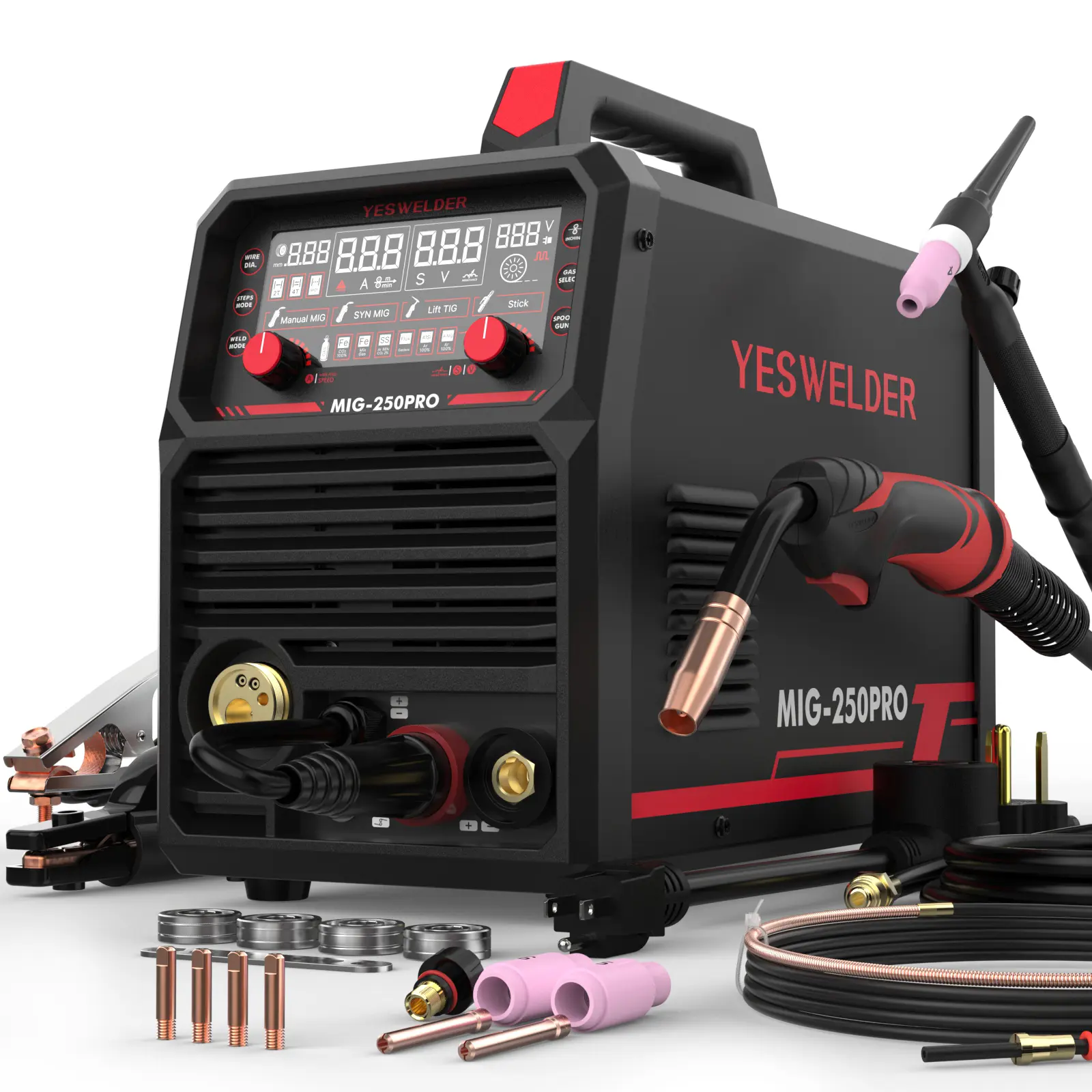 YESWELDER MIG-250PRO 250Amp 110/220V Aluminum MIG Welder with Pulse with Lift TIG Torch | 6-In-1 Gas MIG/Pulsed MIG/Flux Core/Spool Gun/Lift TIG/Stick Multiprocess Welding Machine | Spool Gun Compatible