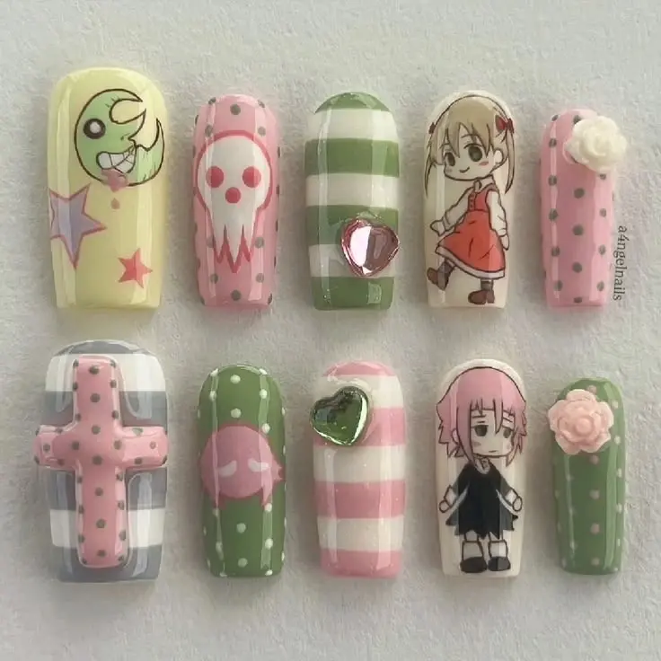 Handmade Soul Eater Inspired Press On Nails | Maka & Crona Chibi 3D Anime Gel Nails | Madness Moon, Shinigami Skull Harajuku Cosplay Reusable Almond Stiletto Nails with Gift Set (Adhesive Tabs, Nail File, Cuticle Stick) | Reusable Fake Nails