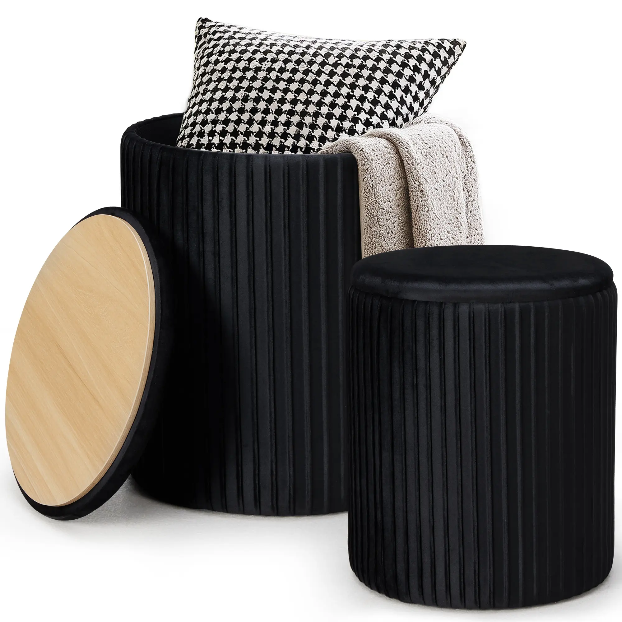 2-Piece Round Storage Ottoman Set – Plush Upholstered Vanity Stool with Hidden Storage, Multi-Functional Coffee Table Ottoman, Velvet Vertical Channel Tufting, Nesting Design for Space-Saving, Ideal for Living Room, Bedroom, Entryway, Grey