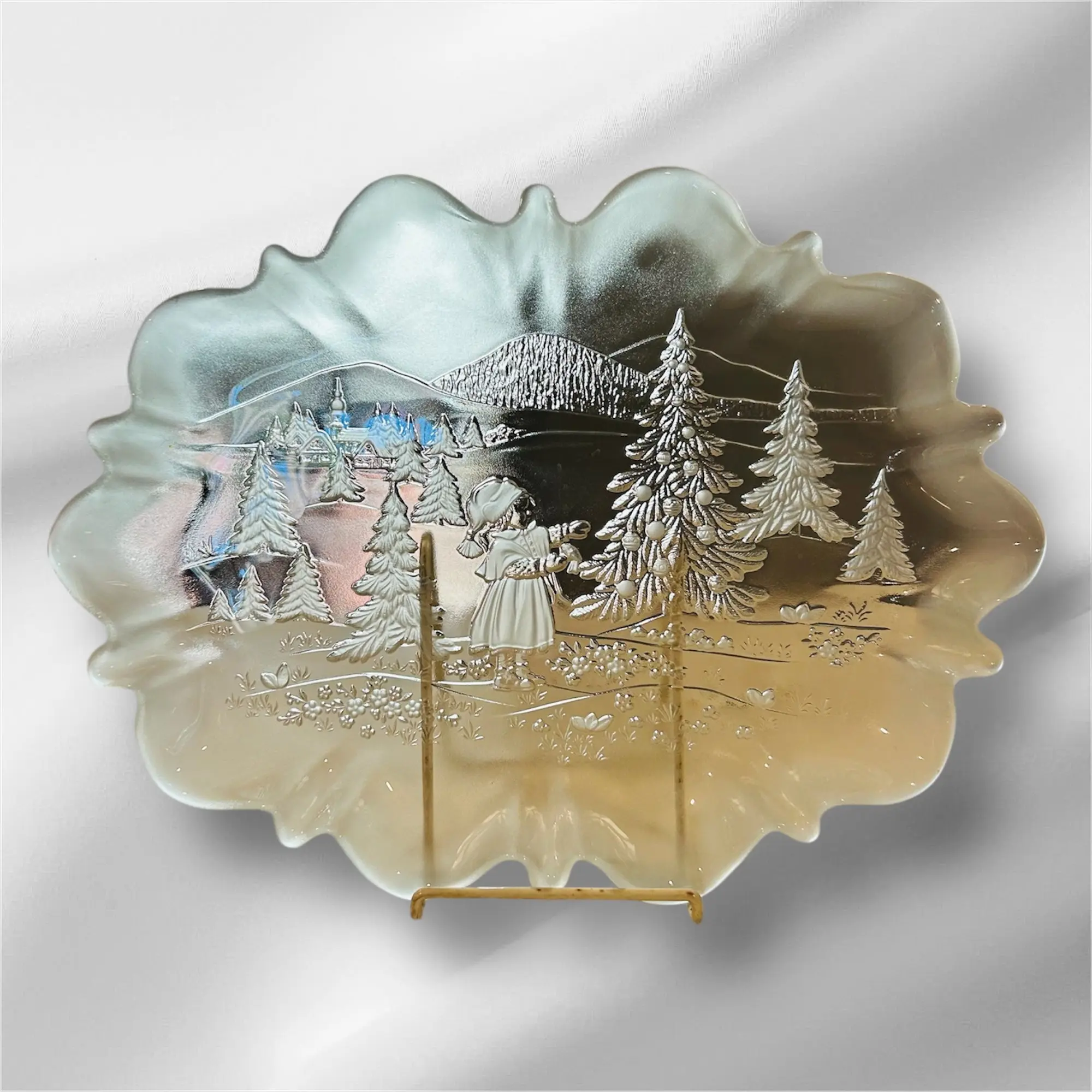 Mikasa Vintage 1980's Crystal Glass “Christmas Story” Serving Plate With Frosted Flute Edges.