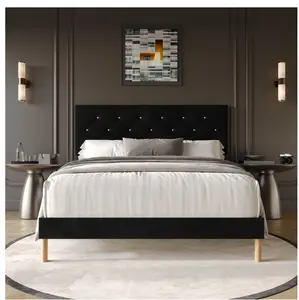 Modern Diamond Tufted Velvet Upholstered Full Bed, Black