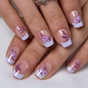 CurvLife Purple Blossom Square Press On  – Elegant Lavender Gradient with Hand-Painted Floral Accents and Glitter Tips, Easy to Apply, Long-Lasting, Reusable Fake  for Salon-Quality Manicure at Home trendy professional Stiletto Press-On Nails