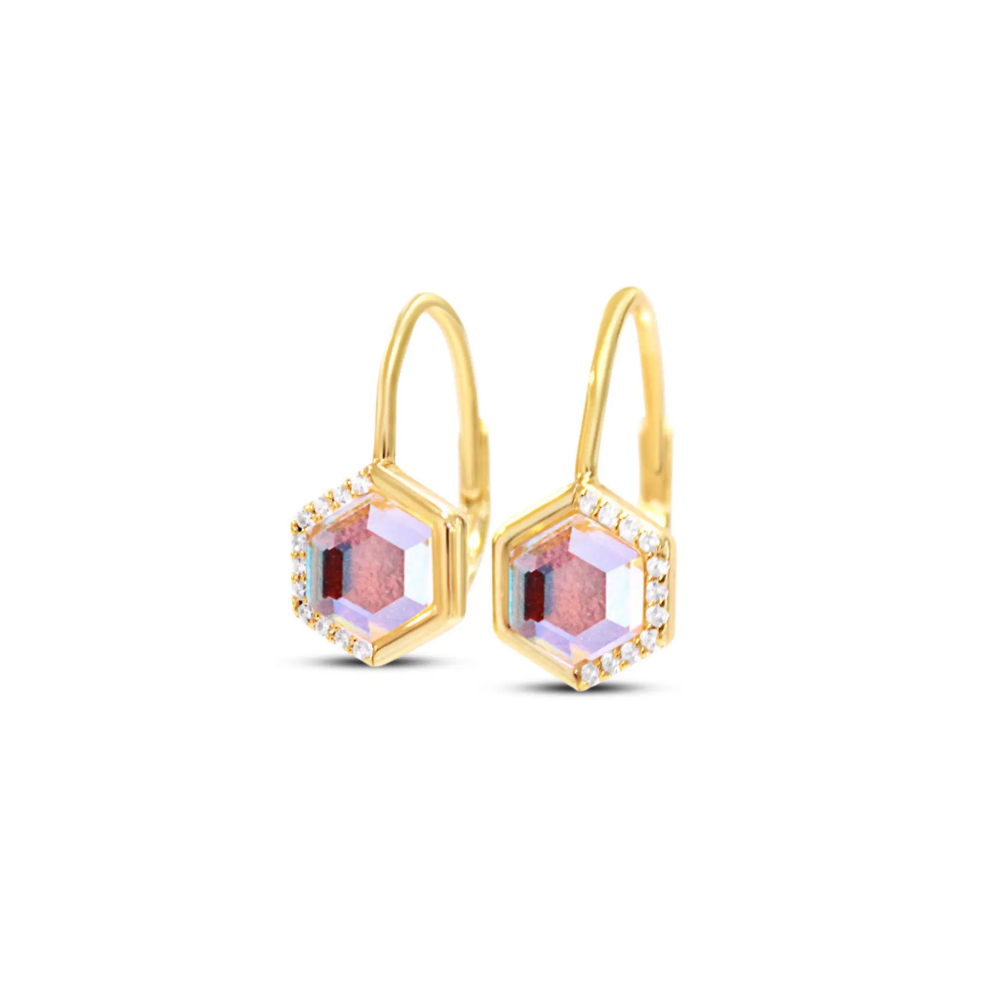 Stardust Leverback Earrings 925 Silver Iridescent Hexagon Shaped Leverback Earrings Simple Everyday Jewelry 14k Gold Leverback Earring With Angel Aura Quartz Unique Stone Detail Everyday Earrings