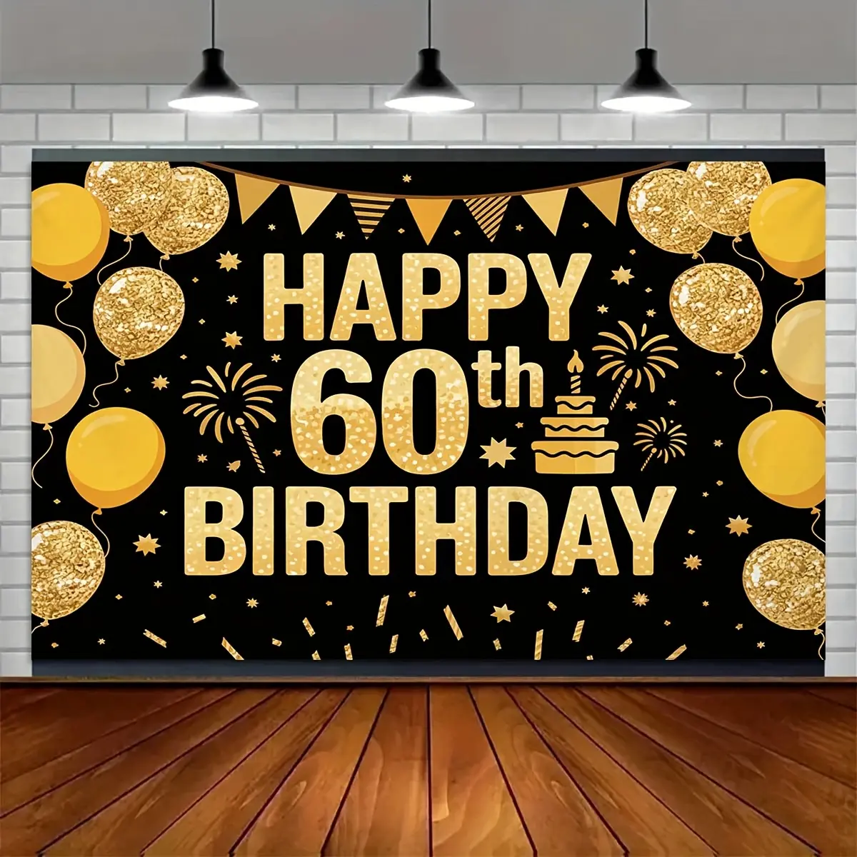 60th Birthday Textile Banner - Glam Black-Golden Letters Party Decor, Soft Durable Indoor-Outdoor Textile Backdrop Event Supplies
