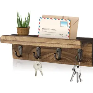 Rustic Key Holder for Wall, Farmhouse Wall Shelf with 4 Hooks, Wall Mounted Key Racks, Wooden Mail Organizer with Hooks for Entryway (Brown)