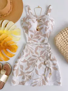 Women's Plant Print Halter Short Dress Two-Piece Matching Set, Slim-Fitting Holiday Style, Beach & Travel Versatile
