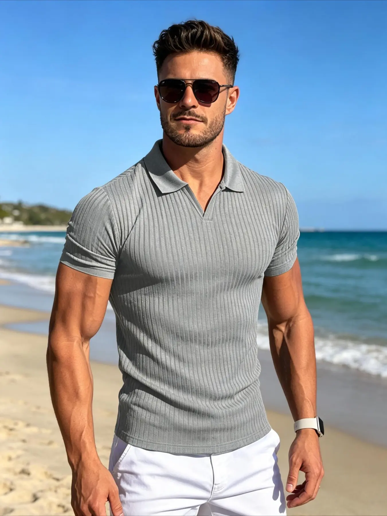 Men's Ribbed Knit V-Neck Classic Polo Shirt, Casual Tropical Short Sleeve Top, Slim-Fitting, Long Length, Ideal for Golf, Office, Daily Wear, Casual Polo Shirts, Summer Polos