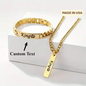 Customized Name Date Gold Stainless Steel Bracelets and Necklaces Punk Stainless Steel Carved Men's Name Bracelet Retro Lock Chain  Women's And Men's Jewelry Gifts