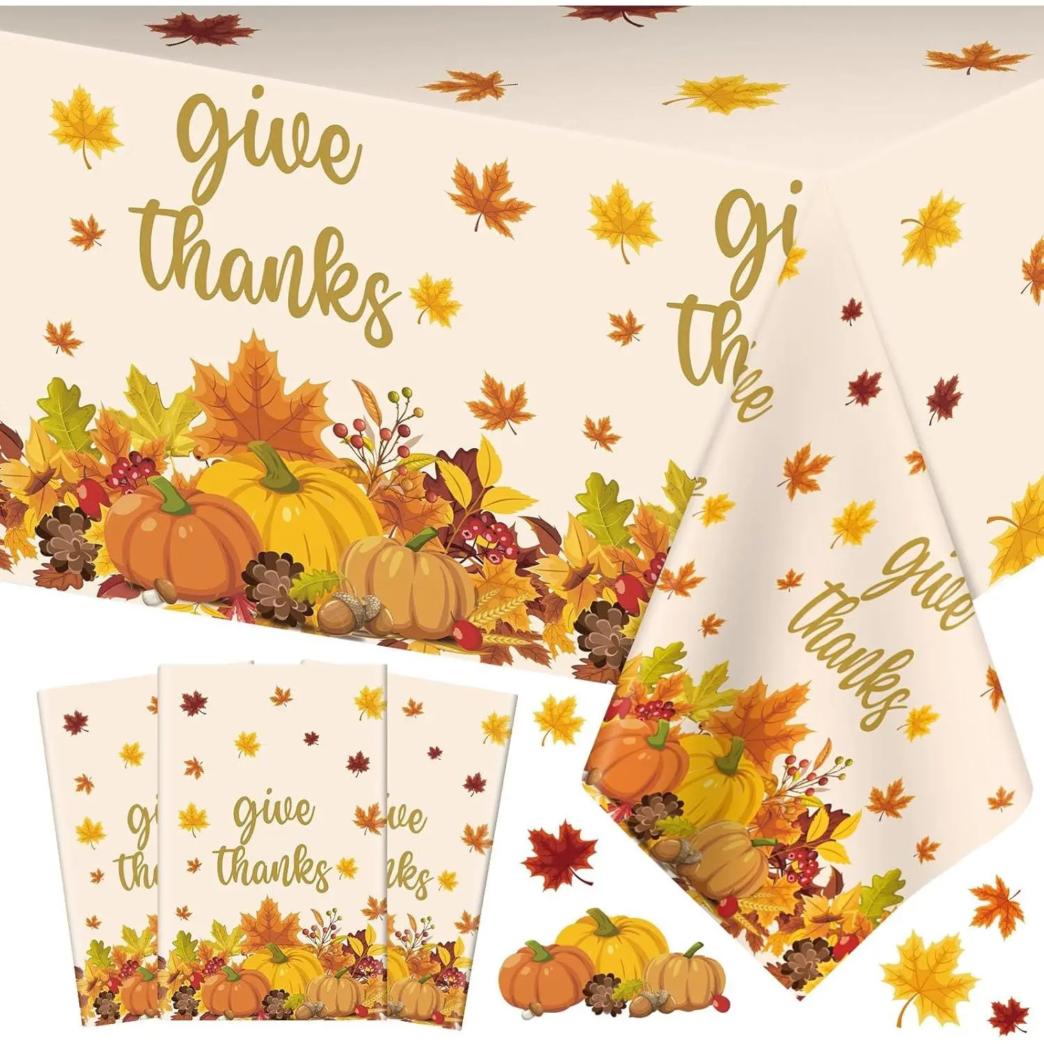 3 count Thanksgiving Tablecloth - Give Thanks Plastic Table Cloth Disposable Rectangular Fall Pumpkin Maple Leaves Table Cover for Thanksgiving Day Party Decorations Tables Decor Supplies,108 x 54 Inch