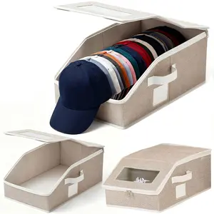 2 PCS Stackable Hat Storage for Baseball Caps Holds up to 24 Caps Hat Organizer for Closet Sturdy Snapback Boxes for Men with Cardboard Container Clear Window Metal Room Beige