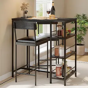 3-Piece Modern Dining Set, Dining Table Set with 2 Upholstered Bar Stools,Bar Table Set w/ Metal Frame&Built-in Wine Rack for Kitchen Dining Room Apartment Breakfast Nook