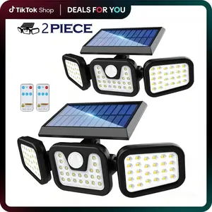 2-Pack Solar LED Motion Sensor Security Floodlights - IP65 Waterproof, 3-Head, 2500-Lumen Wide-Angle, Outdoor Landscape Lighting for Patios, Garages
