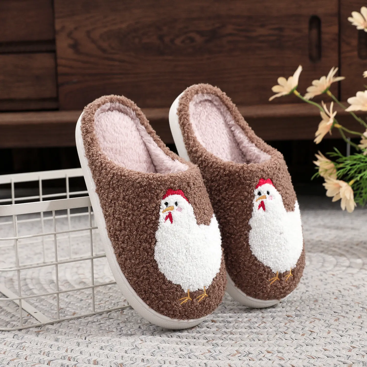 Women's Cute Cartoon Chicken Design Plush Slippers Casual Soft Comfortable Home Slippers Warm for Indoor & Outdoor Use Fall Winter House Slippers