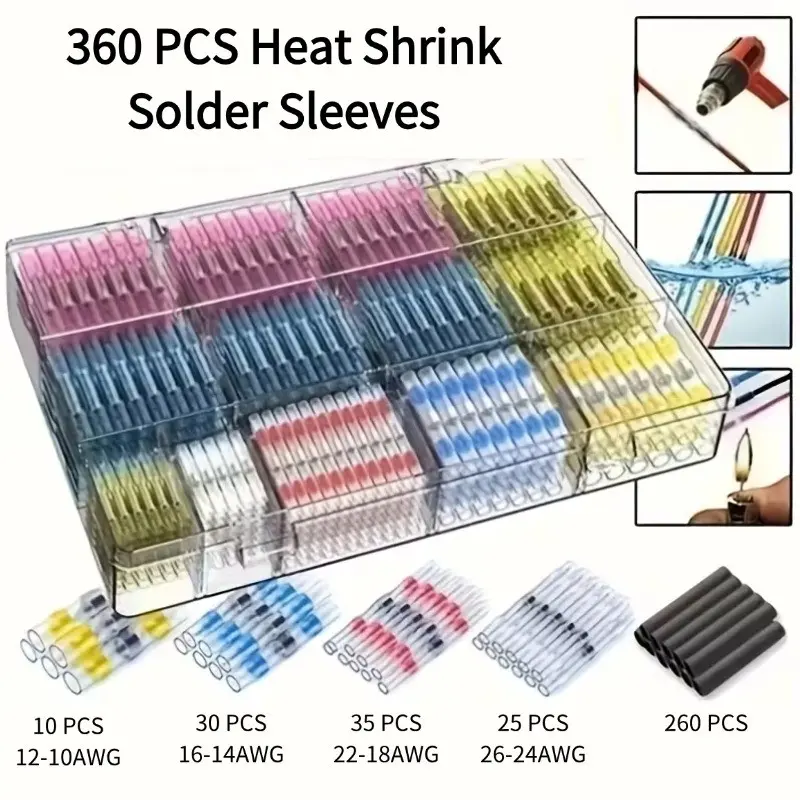 360PCS/Box Solder Ring Heat Shrink Pressure Free Tube, Solder Sleeves, Waterproof Solder Seal Electrical Butt Connector, Heat Shrink Connectors, Wire Cable Gland Terminal Kit