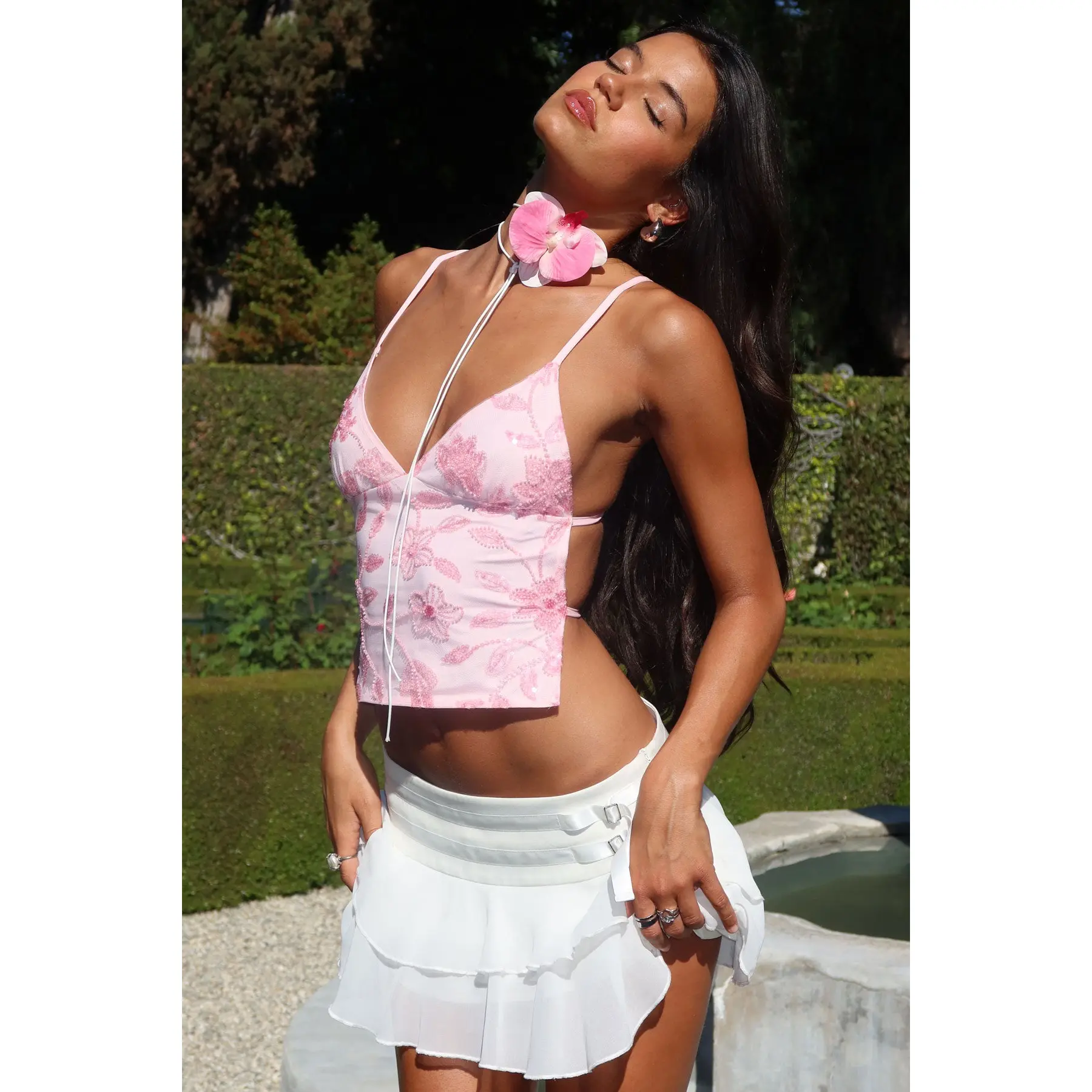 Pia Sequin Floral Backless Top