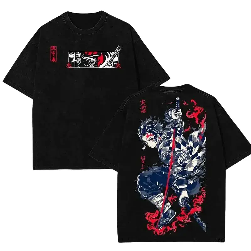 2-Piece Demon Slayer Set for Men, Chic 90s Oversized T-Shirt and Hoodie with 2-Sided Tanjiro Graphic, 230gsm Premium Cotton Fabric, Round