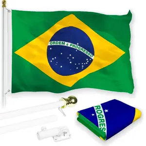 G128 Combo Pack: 6 Feet Tangle Free Spinning Flagpole (White) Brazil Brazilian Flag 3x5 ft Printed 150D Brass Grommets (Flag Included) Aluminum Flag Pole