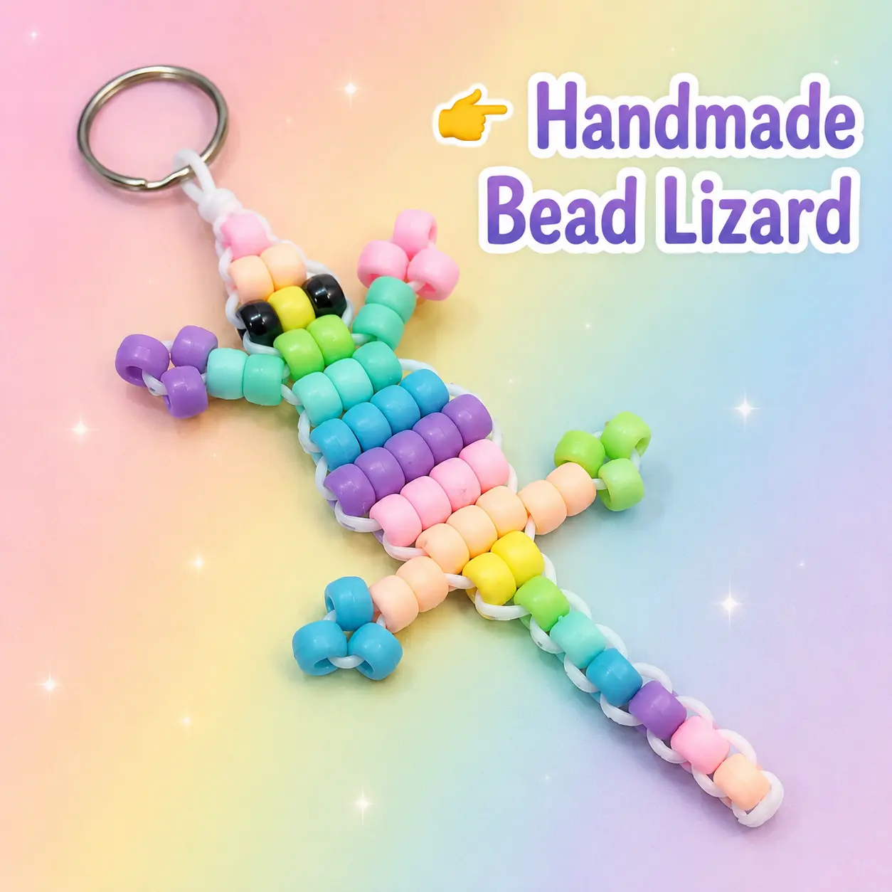Handmade Pastel Rainbow Bead Lizard Keychain - Flexible, Matte 90s Pony Bead Charm, Lightweight Fade-Resistant Fashion Costume Jewelry Backpack Accessory