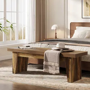 LITTLE TREE 55" Wooden Entryway Bench, Farmhouse Long Entry Seat, Indoor End of Bed Stool with Storage Capability for Hallway, Living Room, Bedroom, Easy Assembly