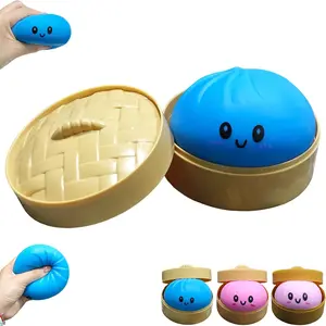 Dumpling Squishy Toy, Dumpling Squishy Mystery Box, Colorful Dumplings Stress Balls Fidget Sensory Toy, Squeeze Dough Ball Stress Relief Hand Toys with Food Steamer Stretchy Desk Toys (Blue)