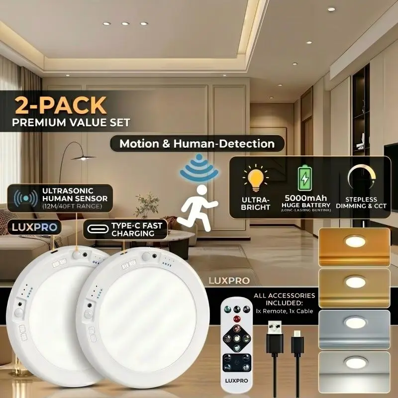 Yoomue 1/2-Piece Wireless Rechargeable Durable LED Ceiling Light with Human Motion Sensor, 3-Speed Lighting Mode, Magnetic Fix, Ceiling Mount, Drill-Free Installation, 5500mAh Batteries, Indoor Use for Living Room, Corridor