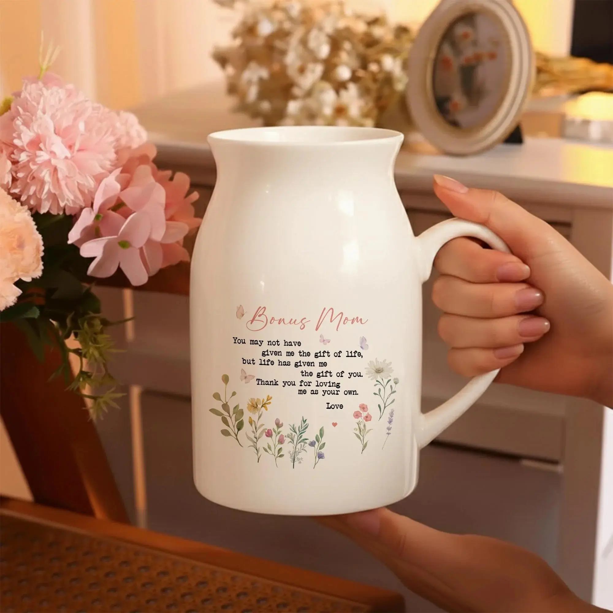Thoughtful Bonus Mom Ceramic Vase, Mothers Day Gift for Stepmom, Appreciation Present, Godmother Wedding Gift