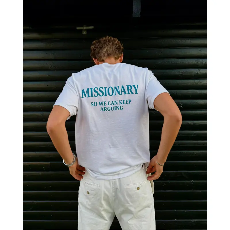 Unisex Menswear Short-Sleeve Cotton T-Shirt with Funny "Missionary" Graphic Statement, Casual Sports Top, Outdoor Gift for Boyfriend, Tshirt