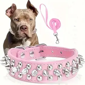 Adjustable Leather Spiked Studded Dog Collars with a Squeak Ball Gift for Small Medium Large Pets Like Cats/Pit Bull/Bulldog/Pugs/Husky, Pink, L