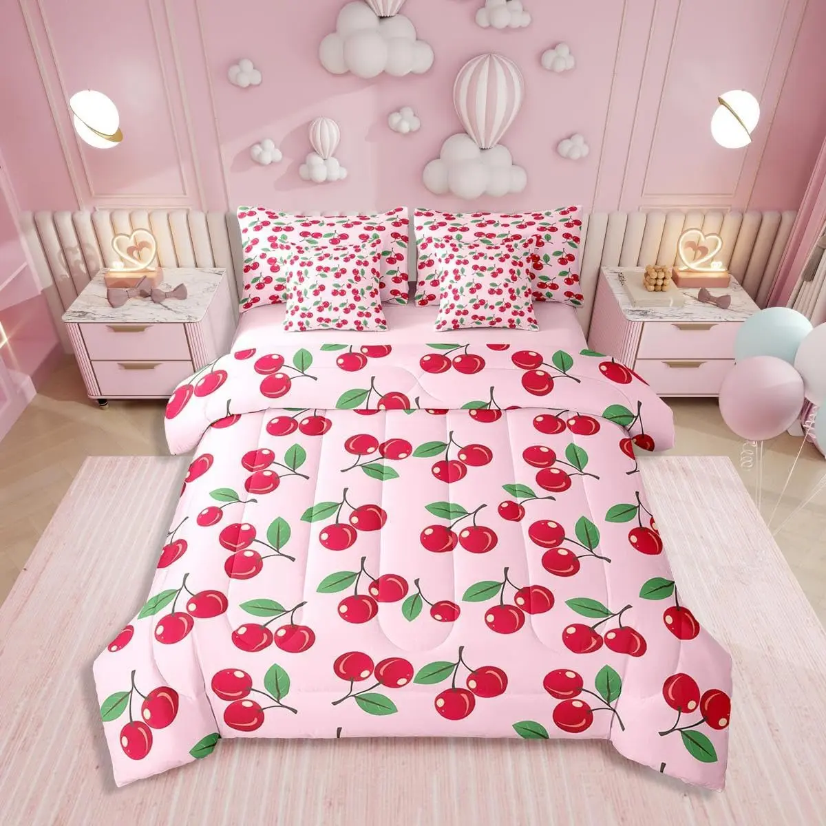 Feelyou 7-Piece Cherry Bedding Set for Girls - Red Fruit-Print Comforter, Cute Tropical Bed-in-A-Bag, Summer Kawaii Blush Pink Sheets, Soft Warm Breathable Linens, Thanksgiving Blanket, Beddingsets