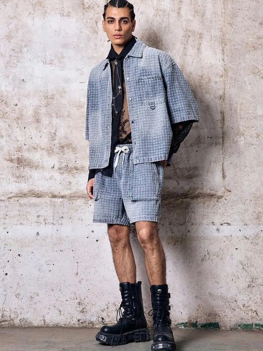 Men's 2 piece sets - Men's Crochet Denim Matching Set, Patchwork Button-Down Shirt and Jeans, Stylish Streetwear Outfit men shorts summer clothing trending clothing trending clothes male clothing shorts for the summer men 2 piece sets streetwear