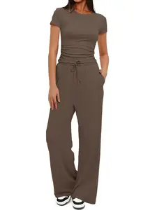 Women's 2-Piece/6-Piece Short Sleeve & Wide Leg Pants Set, Slim Fit Casual Sleepwear, Plain Color Comfortable Home