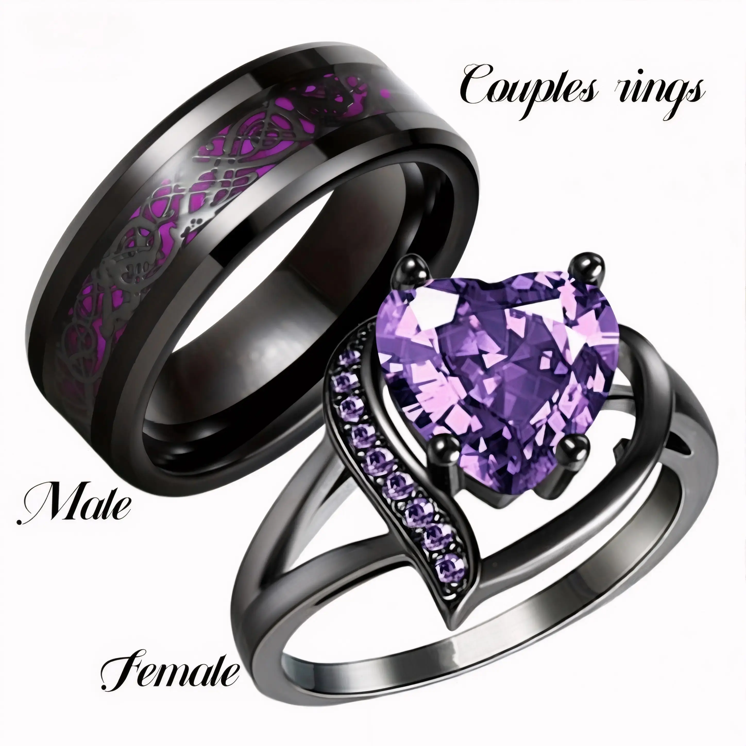 Couples Promise Rings with Heart & Dragon Designs Purple Red Green Blue Zircon Ideal for Engagement Wedding Gifts Romantic Theme Hypoallergenic Scratch Resistant Valentine's Day Gift, Promise Ring, Matching Rings