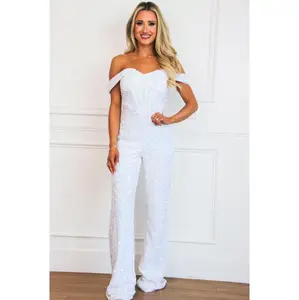 Brynn Off Shoulder Bustier Sequin Jumpsuit: Opal Iridescent