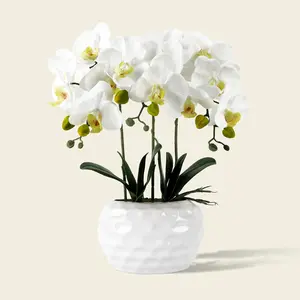 White Phalaenopsis Orchid, Faux Orchid In White Ceramic Concave Pot, Artificial Orchid Realistic Like-Live, Sun & Rain Resistant For Indoor Outdoor Flower, Artificial Flowers For Home Office, Porch Decor Gift