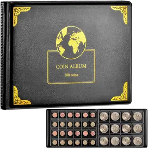 300 Pockets Coin Collection Holder Book Organizer Storage Box Album for 20/25/27/30/38mm Coins for Collectors, Earth pattern black