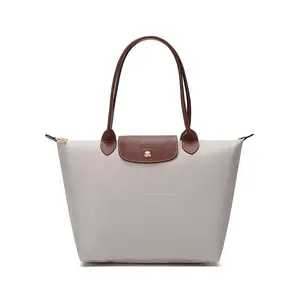 Women's Longchamp Le Pliage 28 Tote Bag - Foldable, Lightweight Nylon Blend, Paper Color with Leather Trim