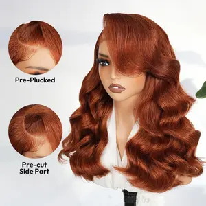 [Copper Orange Wigs] West Kiss Glueless Right Side Part 250% Density Layercut Wave 6x8 Lace Closure Wig Pre-Plukced Hair