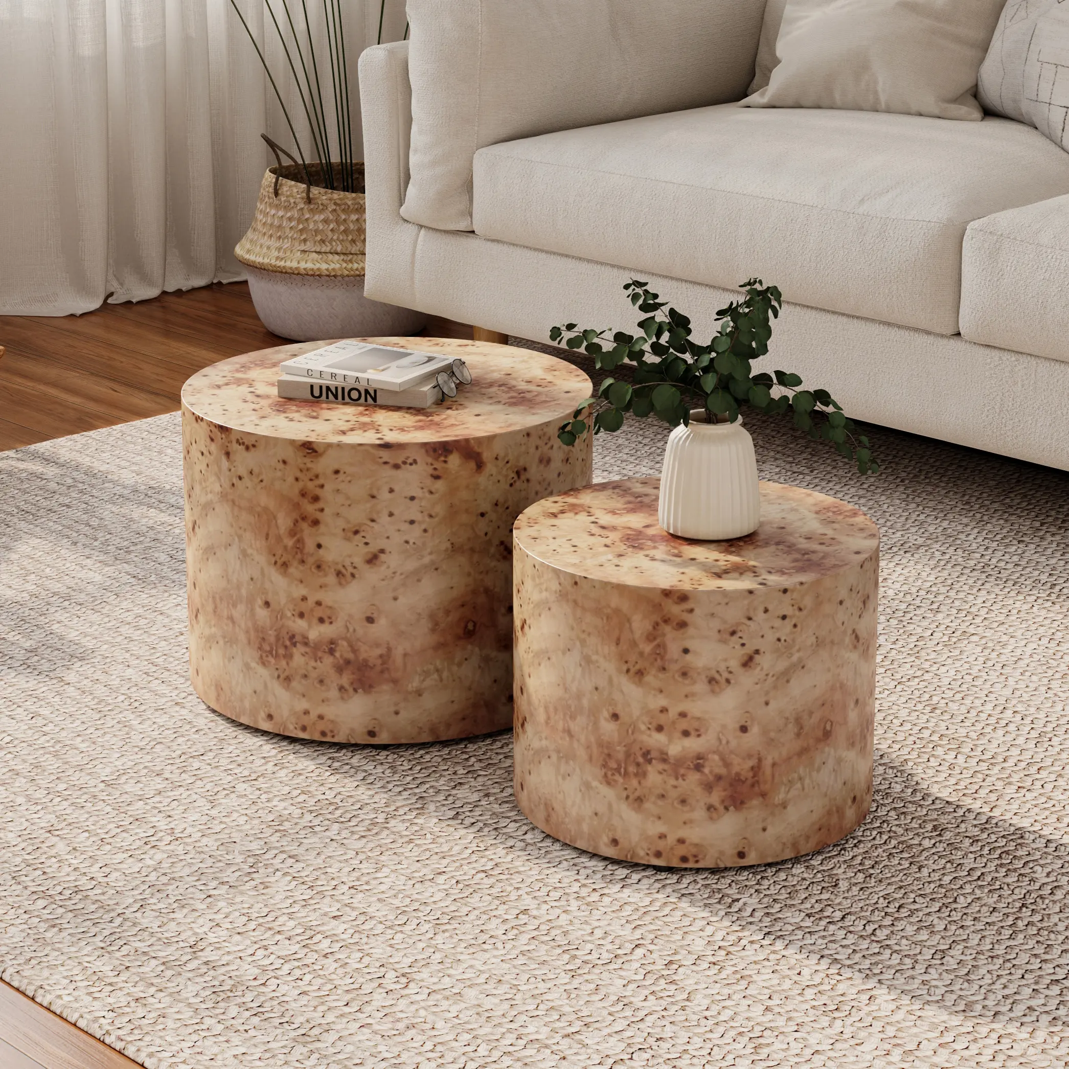 Round Nesting Coffee Table Set of 2, Natural Burl Wooden Accent Tables for Living Room, Bedroom, Office, Balcony, Farmhouse Drum Side Table, Solid Wood & MDF, Freestanding, No Assembly, 200 lbs Capacity