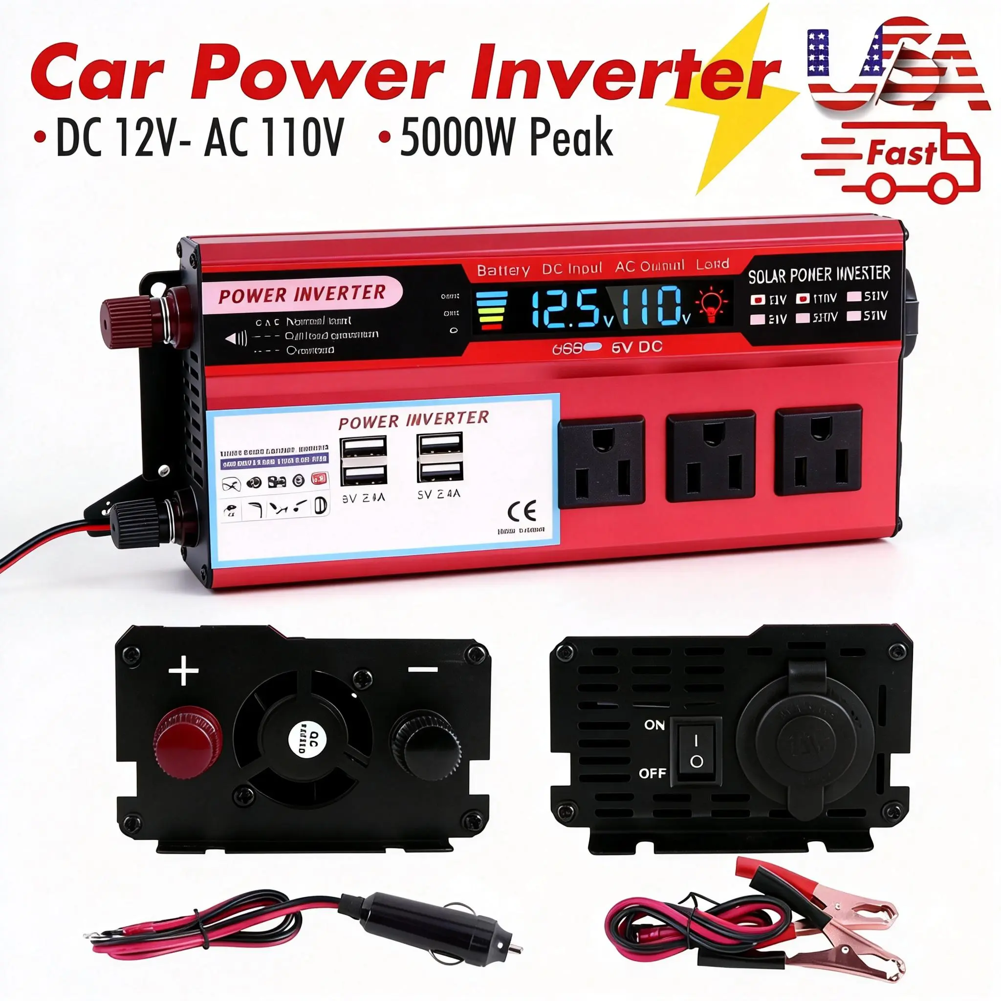 Compact RV Power Conversion Device Intelligent Digital Screen Car Power Inverter Dual USB Fast Charge Ports Travel Energy Supply Kit for Family Picnic Travelers Pickup Owners Lakeside Campers Silent Heat Dissipation Stable Continuous Output