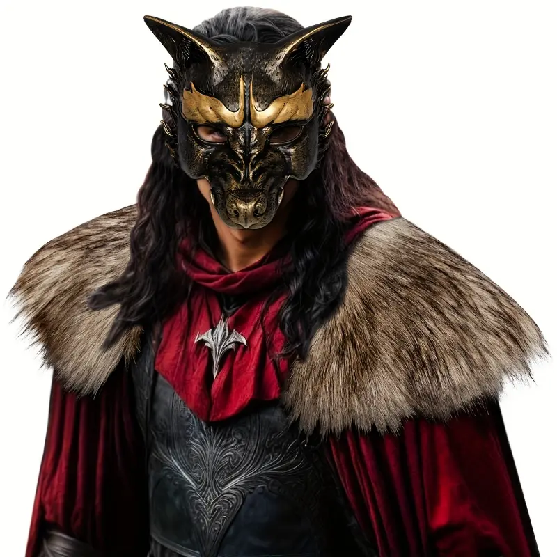 Men's Viking Clothes for a Funky Look, Faux Fur Shawl Collar Crew Neck Costume Set with PU Anubis Mask for Winter LARP Cosplay