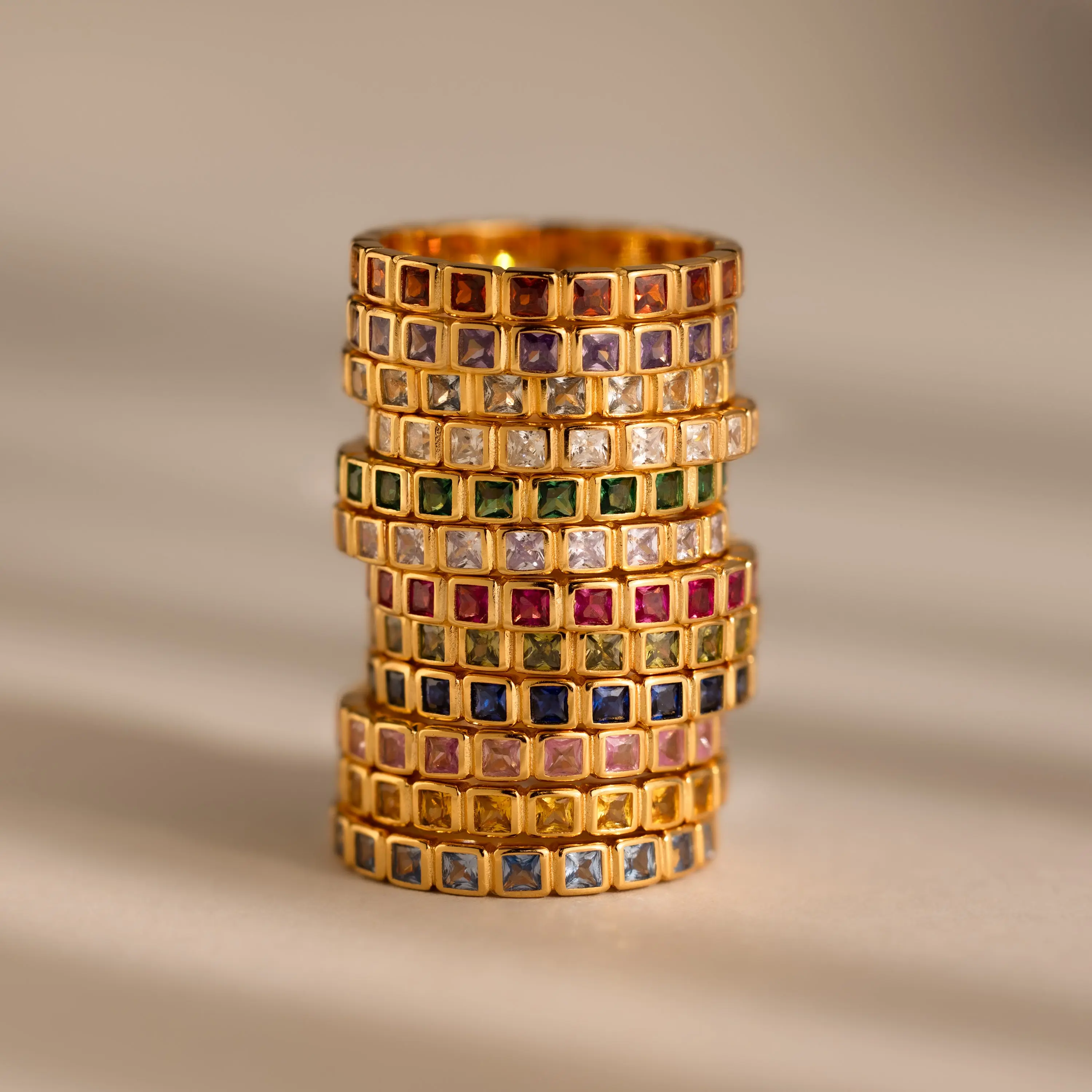 Eternity Bezel Birthstone Ring in 18K Gold by Caitlyn Minimalist - Dainty 18K Gold Plated Square Gemstone Ring - Vintage Stacking Eternity Band  - Art Deco Jewelry - Personalized Gift for Her