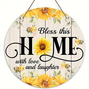 Round Farmhouse Wall Decor Sign with Bee and Sunflower Design, Welcome Plaque with Bless This Home Quote, Rustic Front Door Hanging Decoration for Kitchen and Living Room, Blessed Signs for Home Decor