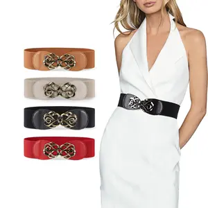 4 Pack Women's Vintage Stretchy Waist Belts, 2.3 Inch Wide Elastic Belt with Antique Brass Buckle, Fashion Accessories