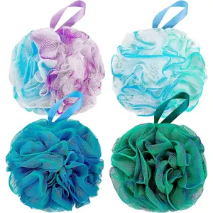 Exfoliating Shower Sponge Loofah, Mesh Ball Body Scrubber, Floral Design, Unisex Bathing Tool, Bathroom Accessories, Elegant Appearance