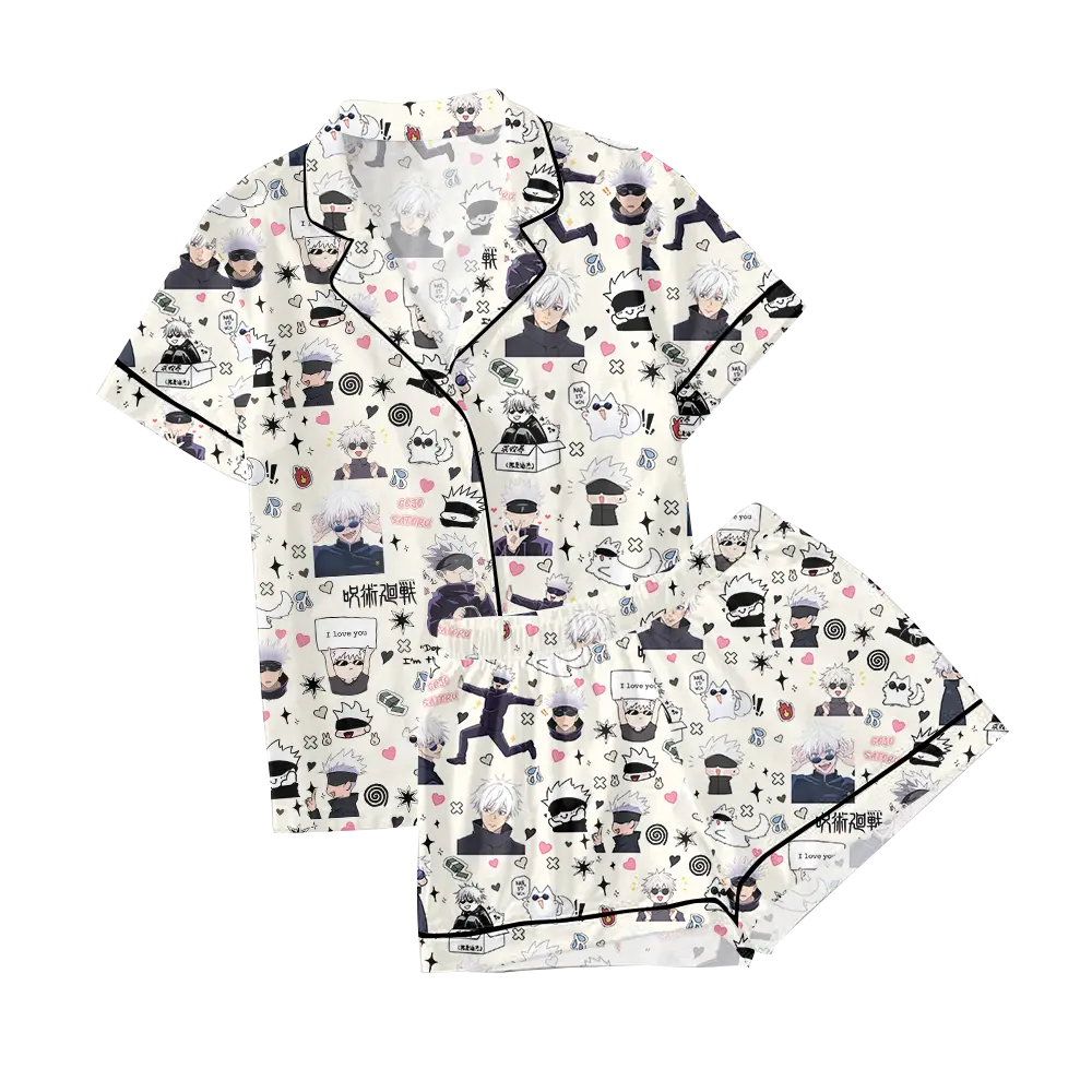 JJK Gojo Pajama Set, Anime Manga Satoru Toji Yuji Choso Pajamas Set Silk Satin Fabric Soft Comfortable Gift For Fan