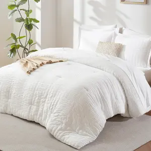 Queen Comforter Set White Seersucker 7 Pieces Bed in a Bag with Sheets, Luxury Soft All Season Bedding Set with Down Alternative Comforter, Pillowcases & Shams