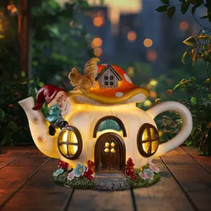Mushroom Fairy House Garden Decor Solar  – Outdoor Gnome Statue with Squirrel, Resin Teapot Decorative Figurine for Patio, Lawn, Yard & Balcony