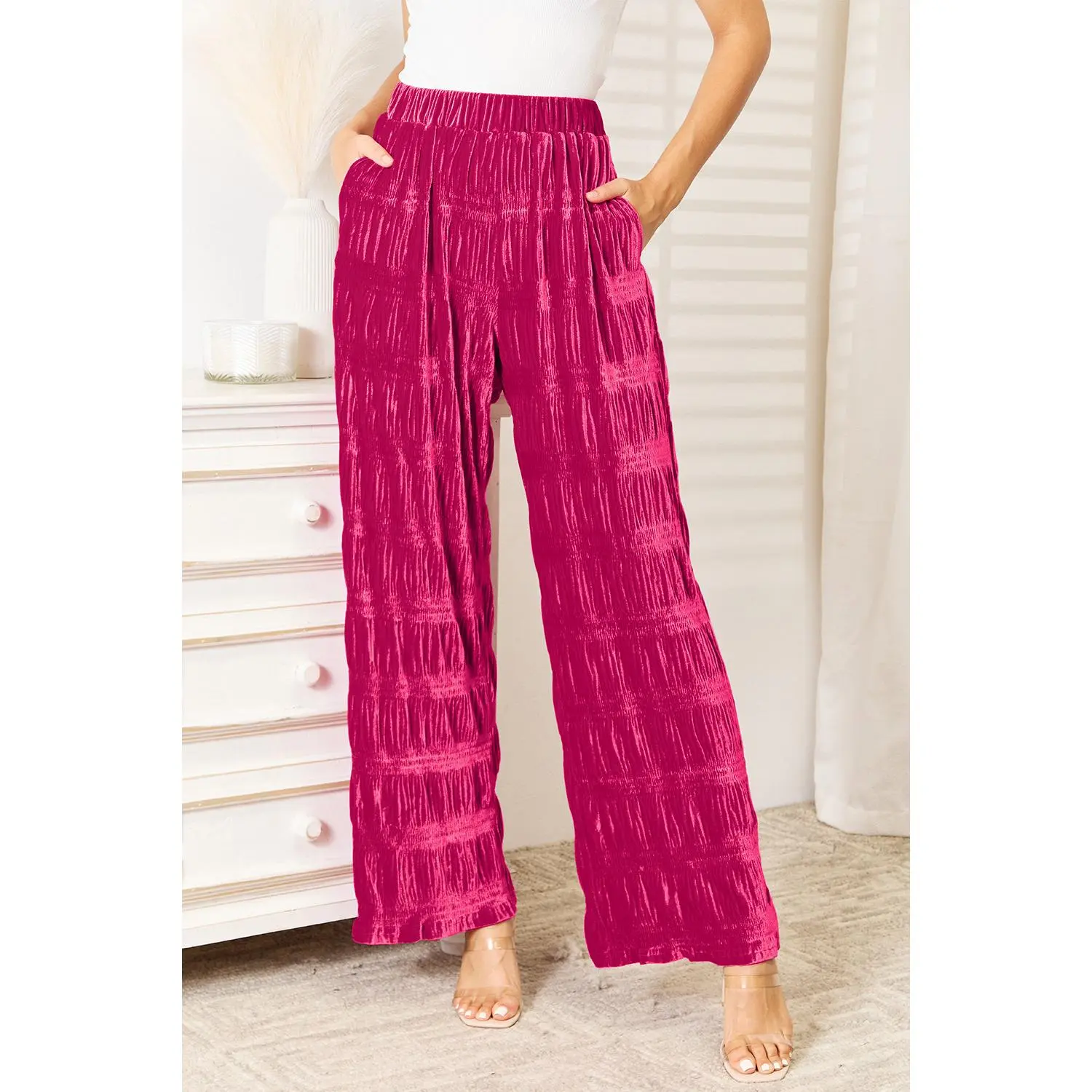 Double Take Full Size High Waist Tiered Shirring Velvet Wide Leg Pants