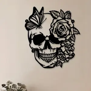 Skull & Flower & Butterfly Pattern Wall Art, Decorative Artwork, Vintage Style Wall Decor, Durable Metal Wall Hanging Sign for Home Living Room Office Decor, Ornaments
