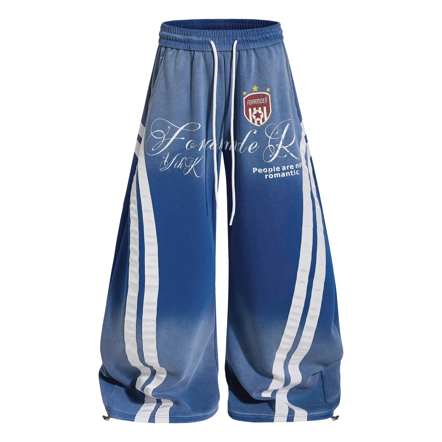 Inflation Pants Men Women Gradient Washed Crest Embroidery Side Stripes Elastic Waist Adjustable Hem Wide Leg Streetwear Sweatpants